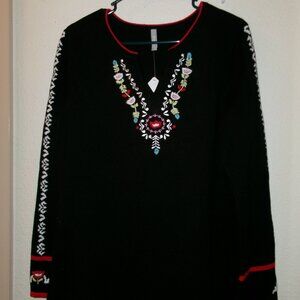 NWTS, HANNAH ANDERSON, SIZE L, BLACK EMBROIDERED, V NECK, BELL CUFF, SWEATER